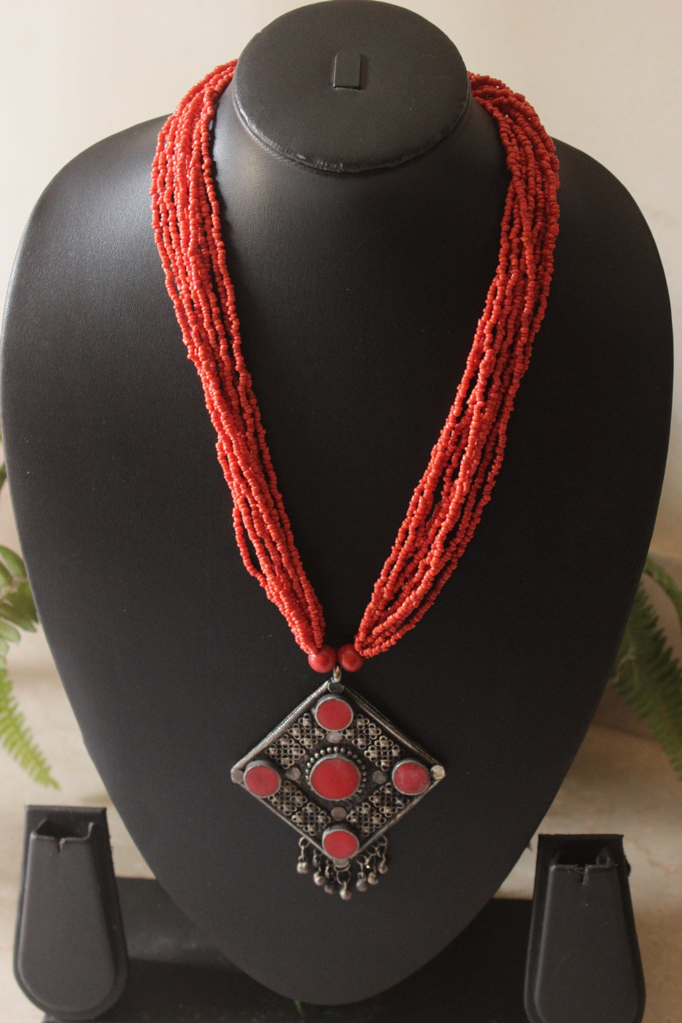 Orange Acrylic Beads and Afghani Metal Pendant Handmade Necklace