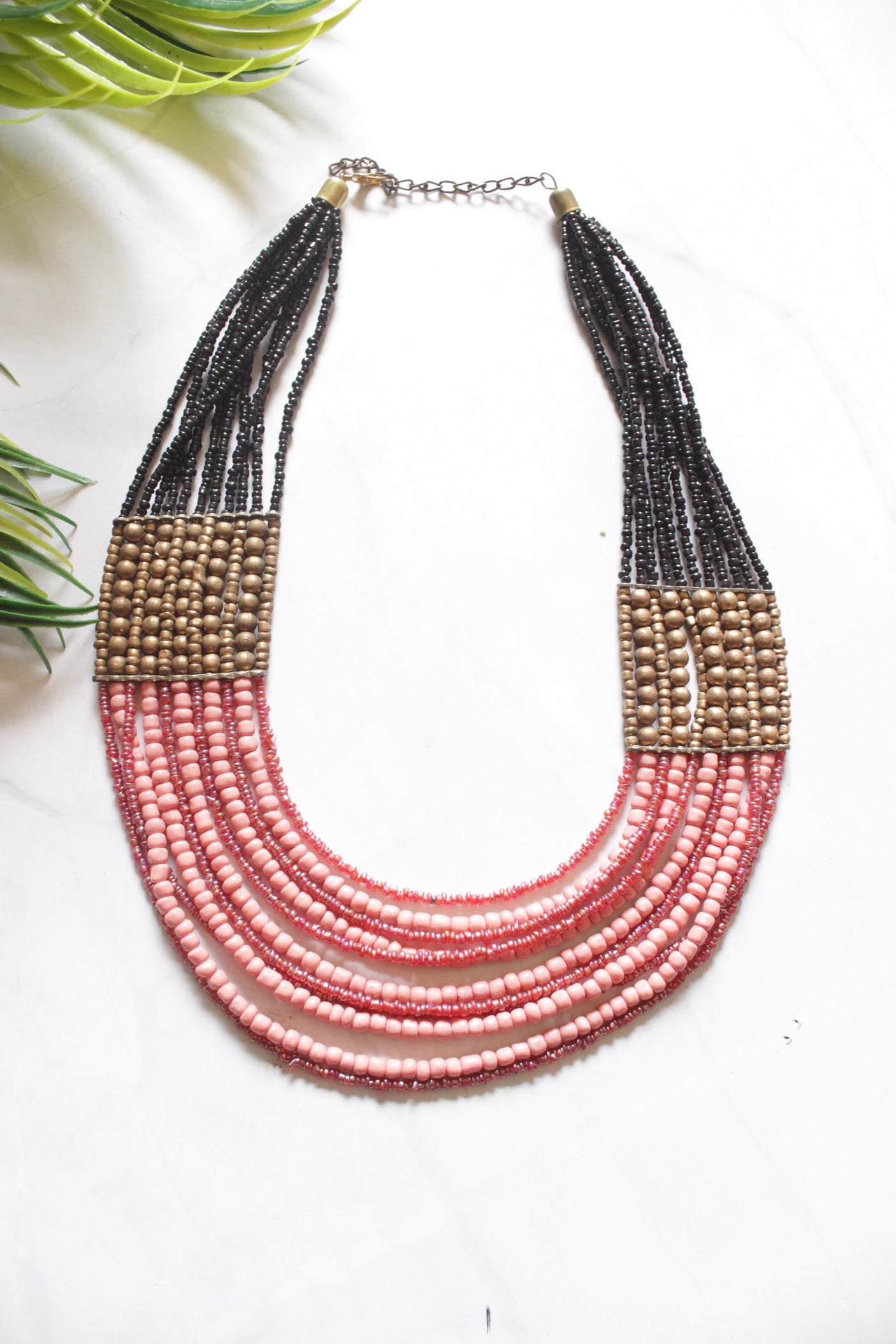Pink and Black with Gold Multi-Layer Beads Necklace
