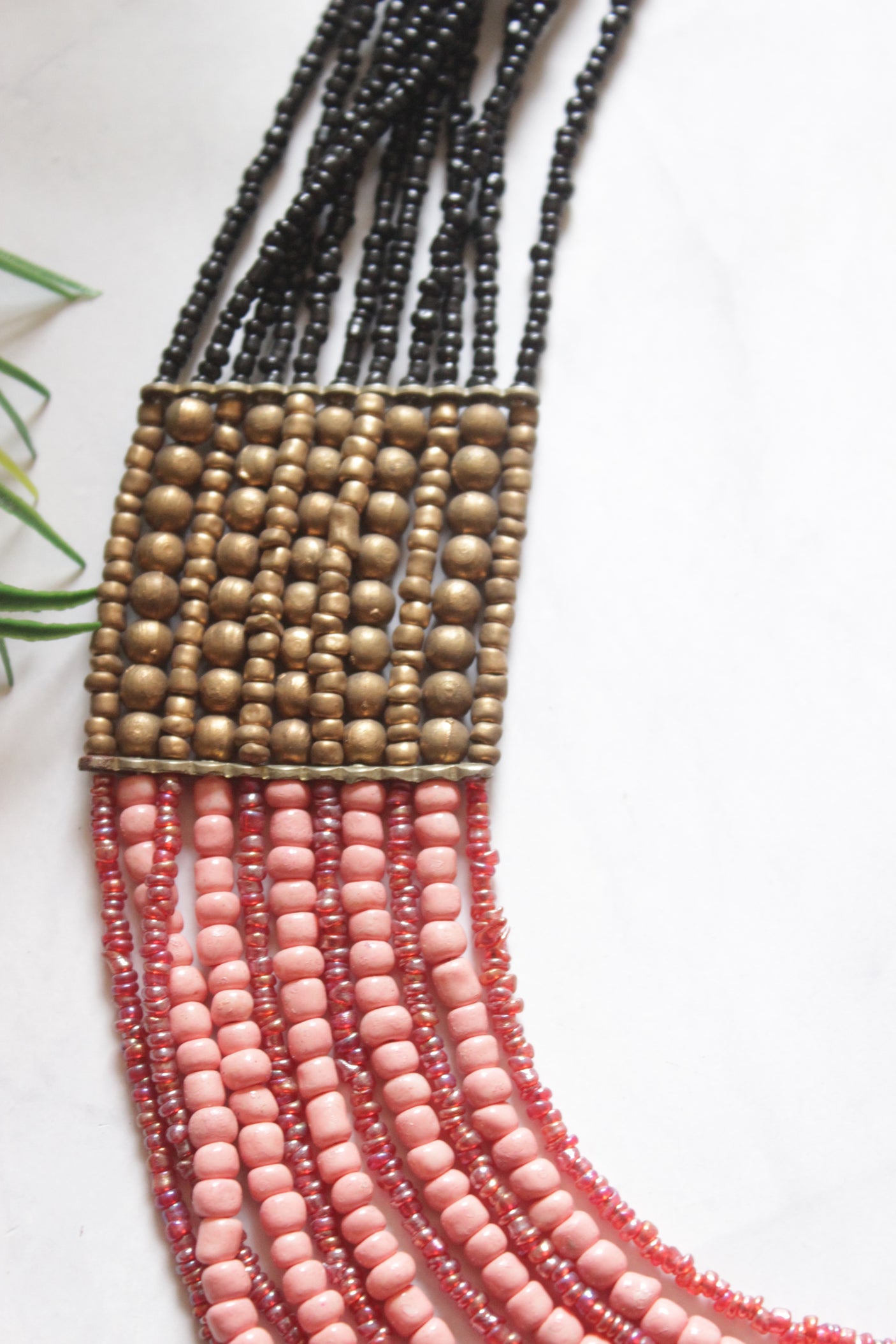 Pink and Black with Gold Multi-Layer Beads Necklace