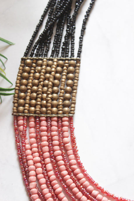 Pink and Black with Gold Multi-Layer Beads Necklace