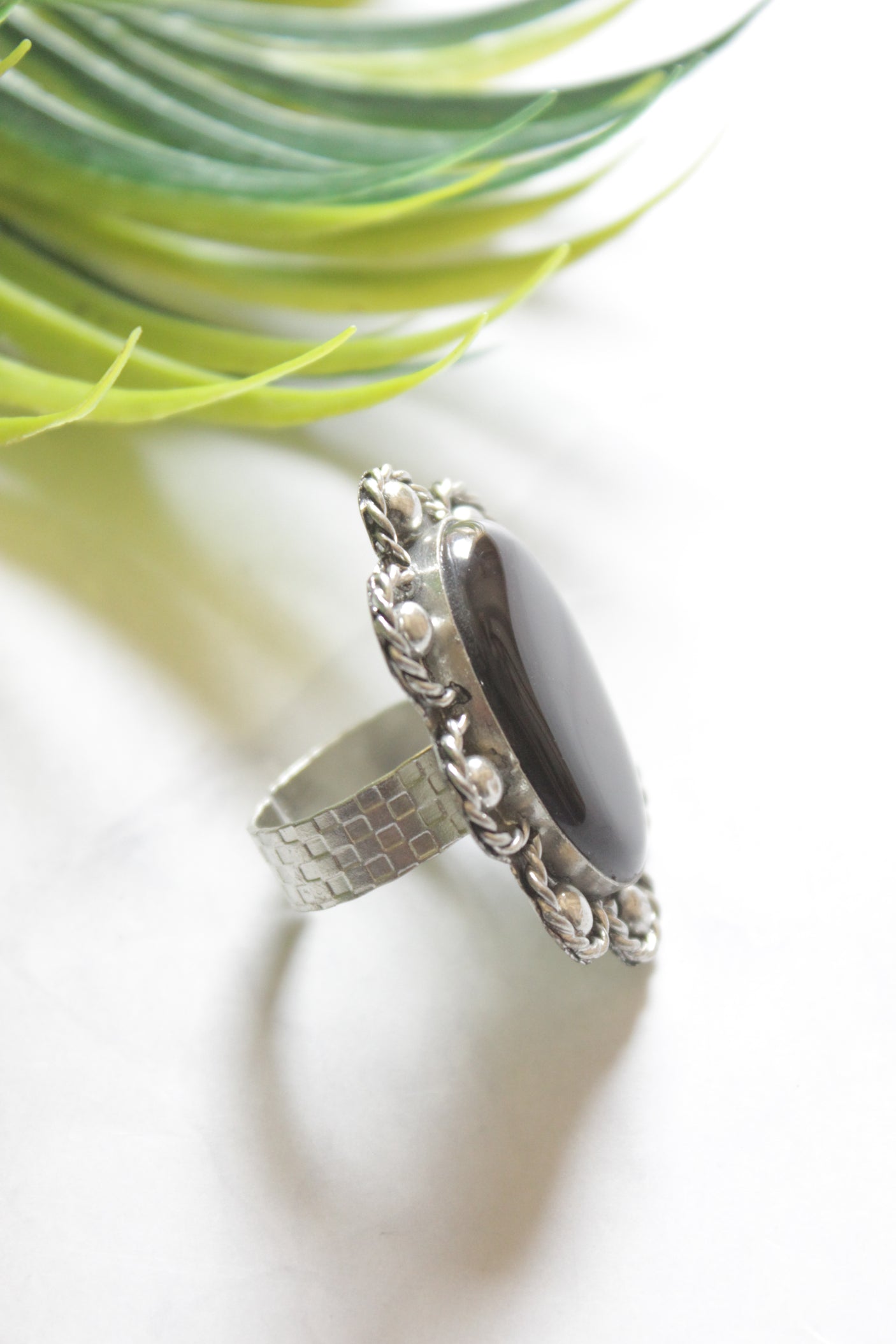 Black Center Stone Oval Adjustable Size Oxidised Finish Statement Ring