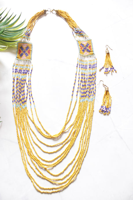 Mustard Yellow and Purple Hand Beaded Long Necklace Set
