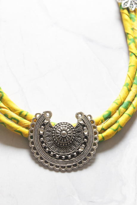 Yellow Block Printed Fabric and Metal Pendant Necklace Set