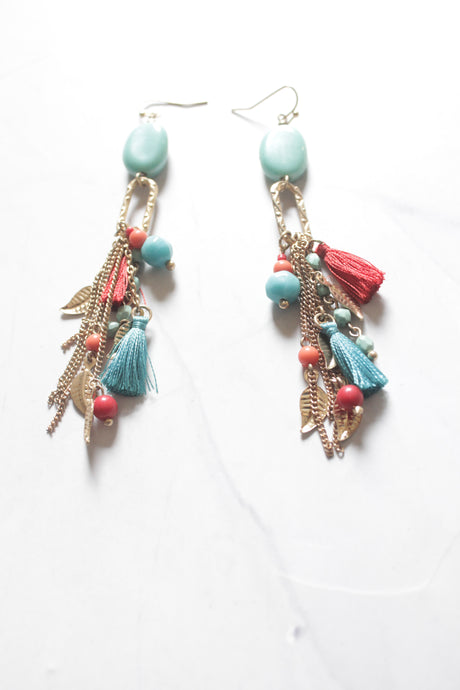 Gold Metal Chain Strings and Pom Pom Dangler Earrings