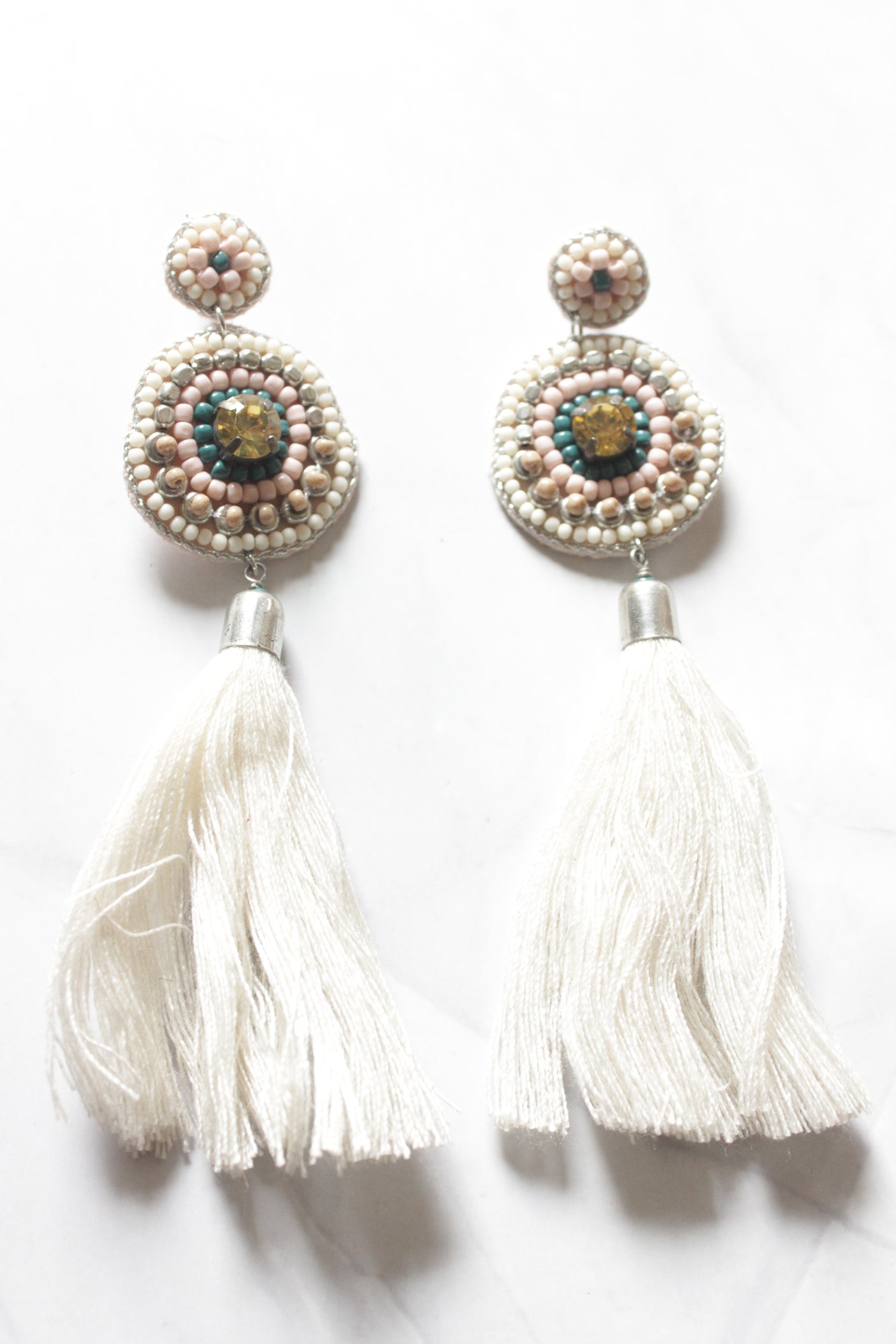 Pastel Shades Beads and Pom Pom Earrings