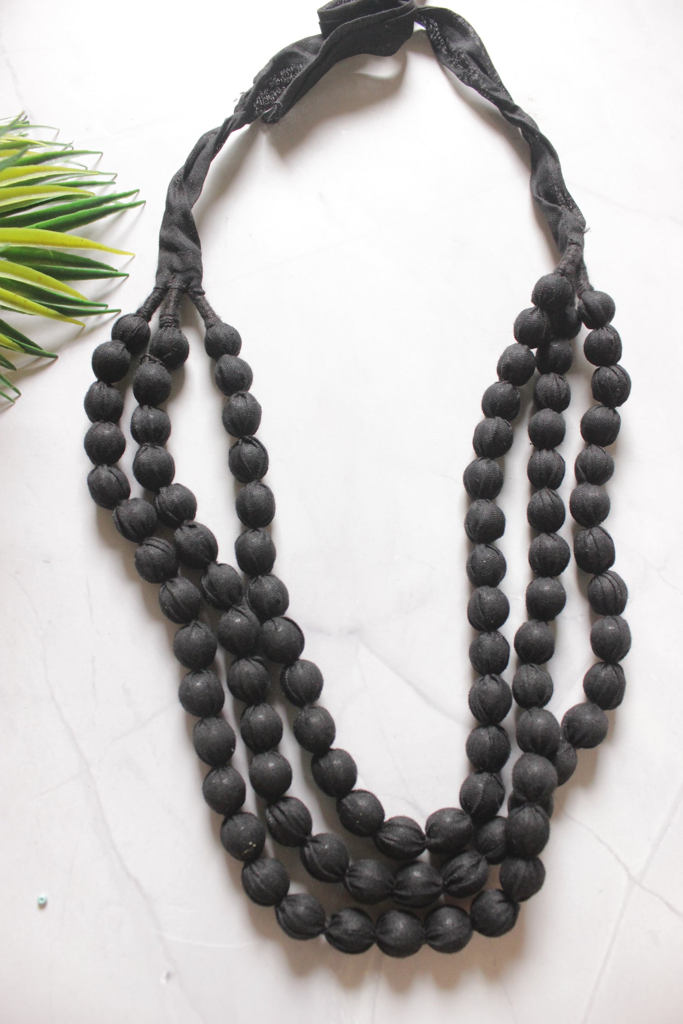 Black Fabric Beads 3 Layer Handmade Necklace