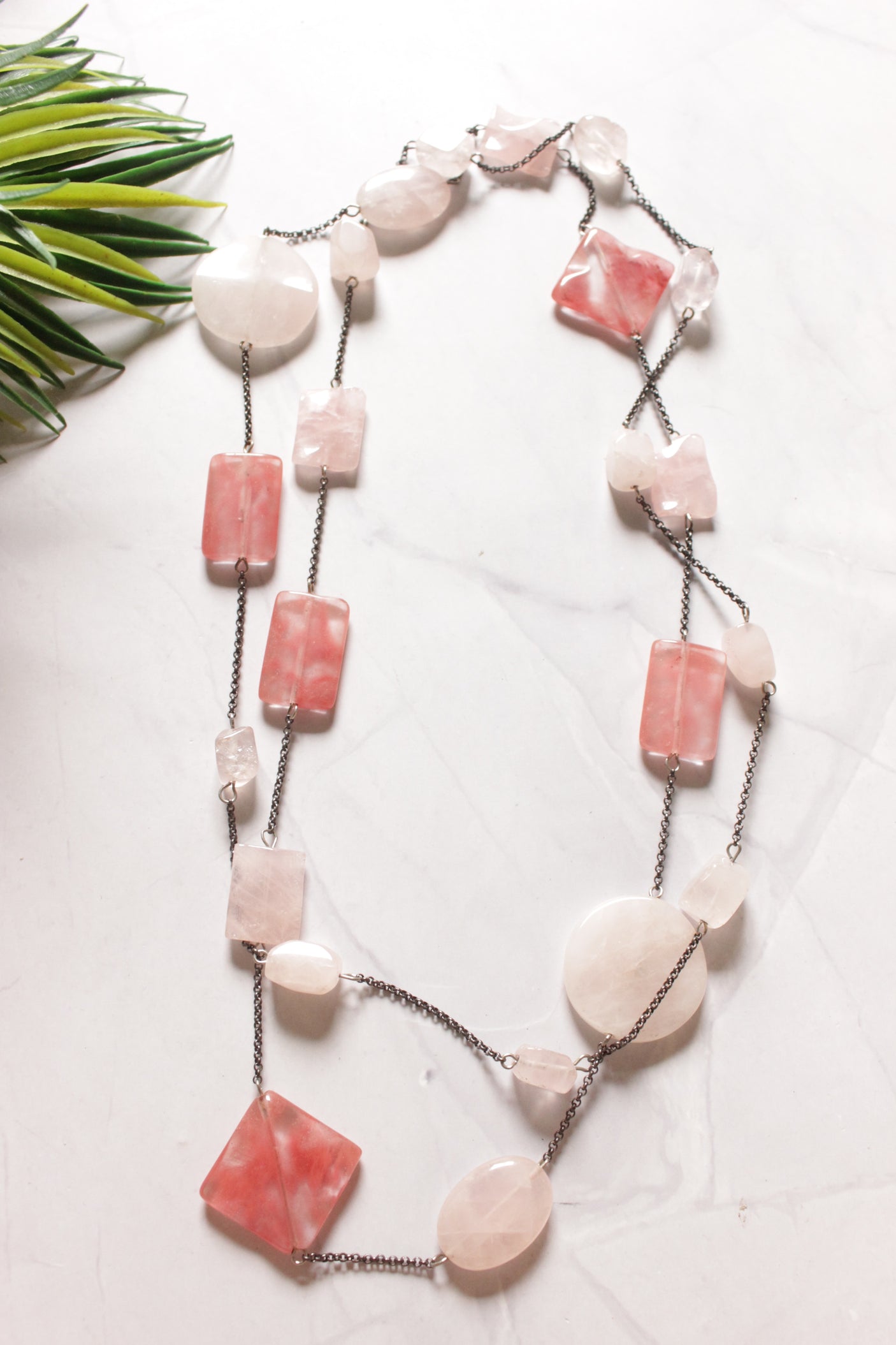 Ivory and Peach Acrylic Beads Chain Necklace
