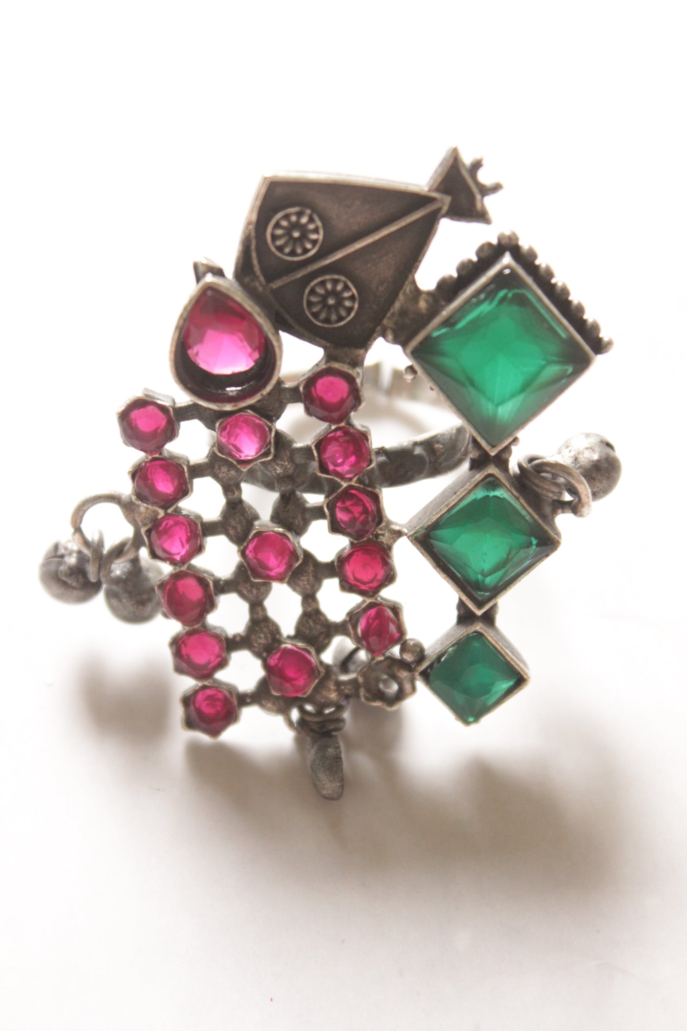 Ruby and Green Stone Oxidised Finish Adjustable Statement Cocktail Ring