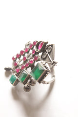 Ruby and Green Stone Oxidised Finish Adjustable Statement Cocktail Ring