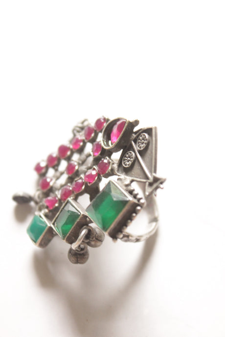 Ruby and Green Stone Oxidised Finish Adjustable Statement Cocktail Ring