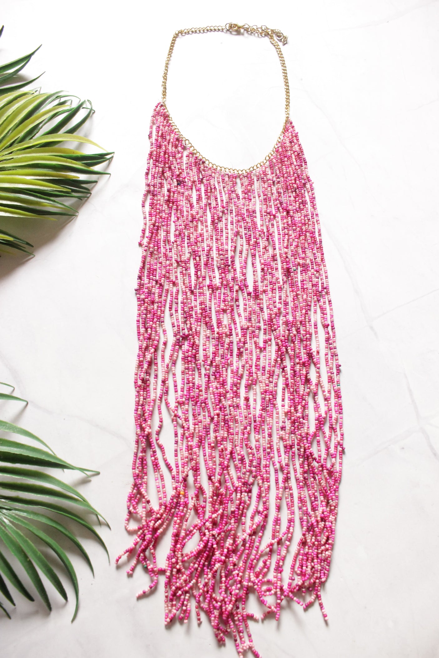 Pink Beads Statement Handmade Long Boho Choker Necklace