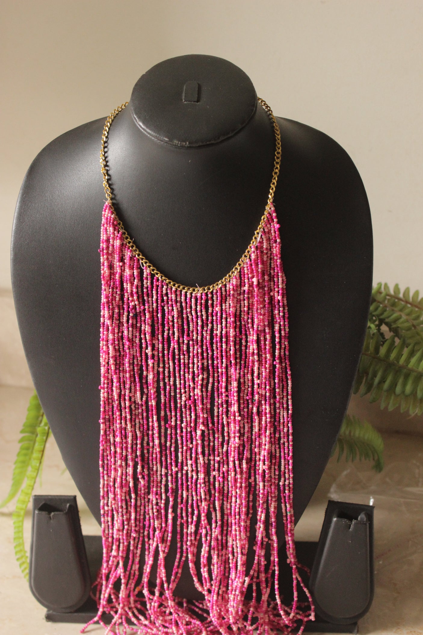 Pink Beads Statement Handmade Long Boho Choker Necklace