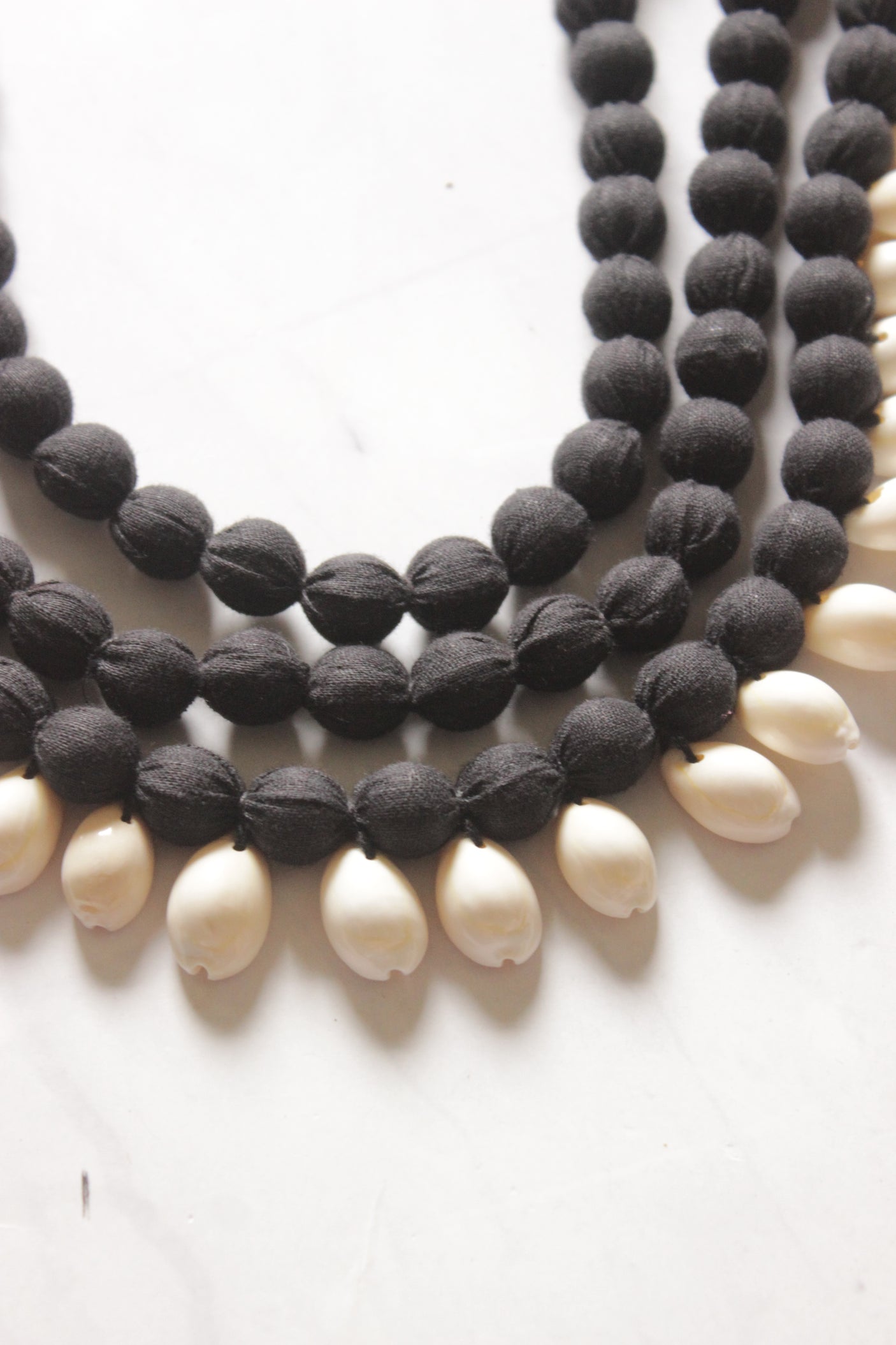3 Layer Black Fabric Beads Handmade Necklace Set with Cowrie Details