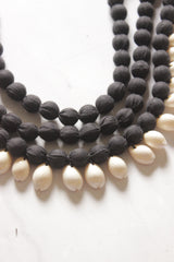 3 Layer Black Fabric Beads Handmade Necklace Set with Cowrie Details