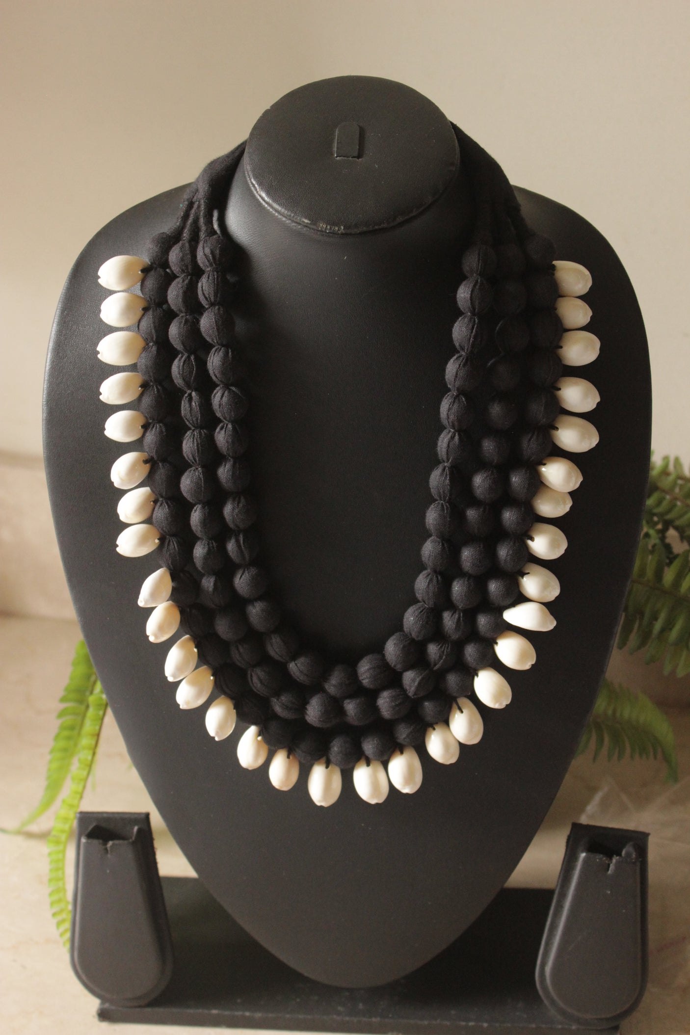 3 Layer Black Fabric Beads Handmade Necklace Set with Cowrie Details