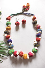 Upcycled Fabric Kantha Embroidered Handmade Necklace Set with Cowrie Details