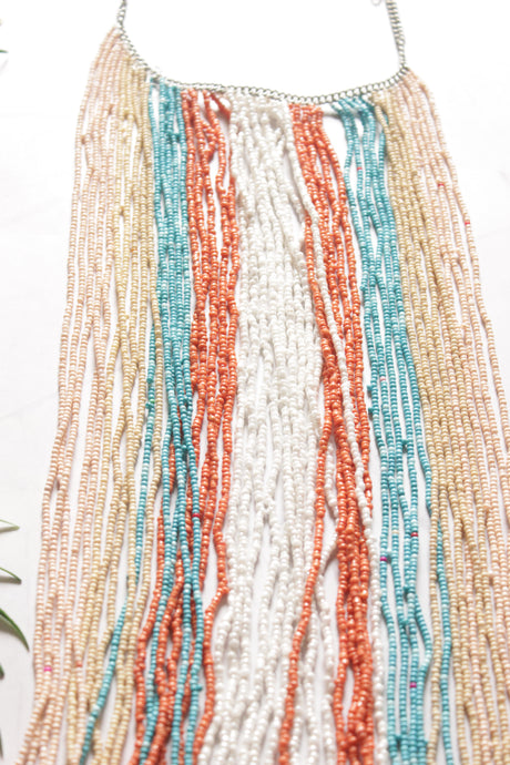 Beige & Multi-Color Beads Statement Handmade Long Boho Choker Necklace