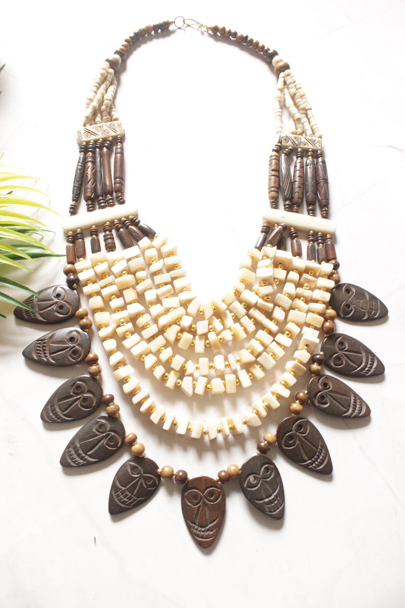Ivory and Brown Bone Beads Handcrafted Multi-Layer African Tribal Necklace