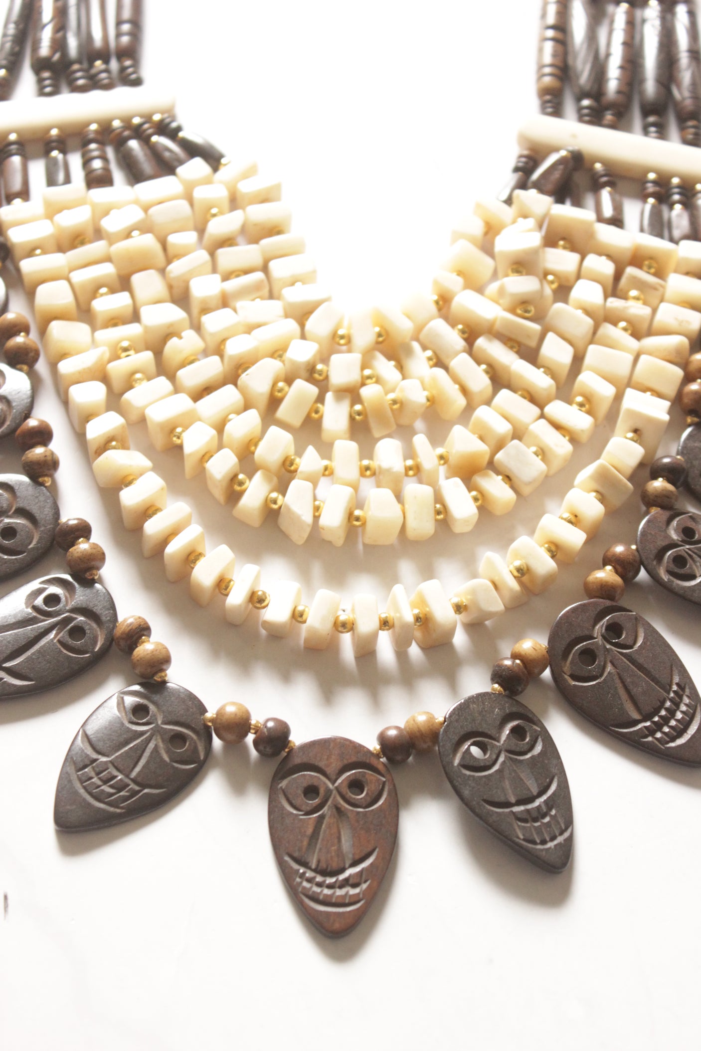Ivory and Brown Bone Beads Handcrafted Multi-Layer African Tribal Necklace