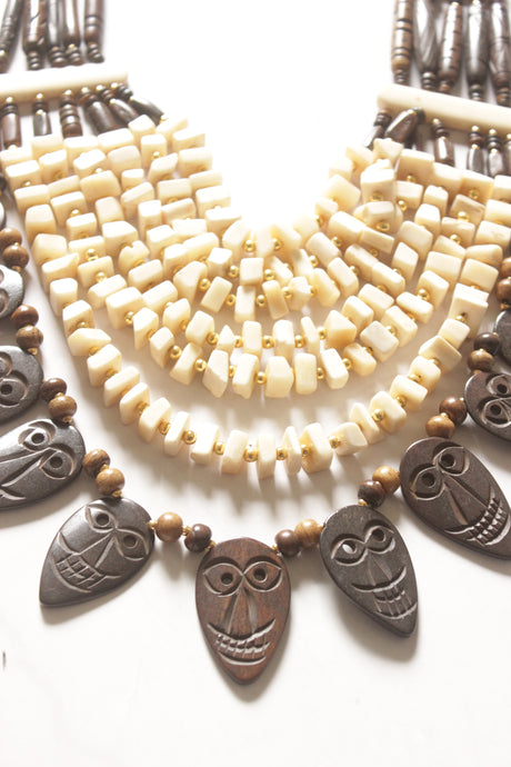 Ivory and Brown Bone Beads Handcrafted Multi-Layer African Tribal Necklace