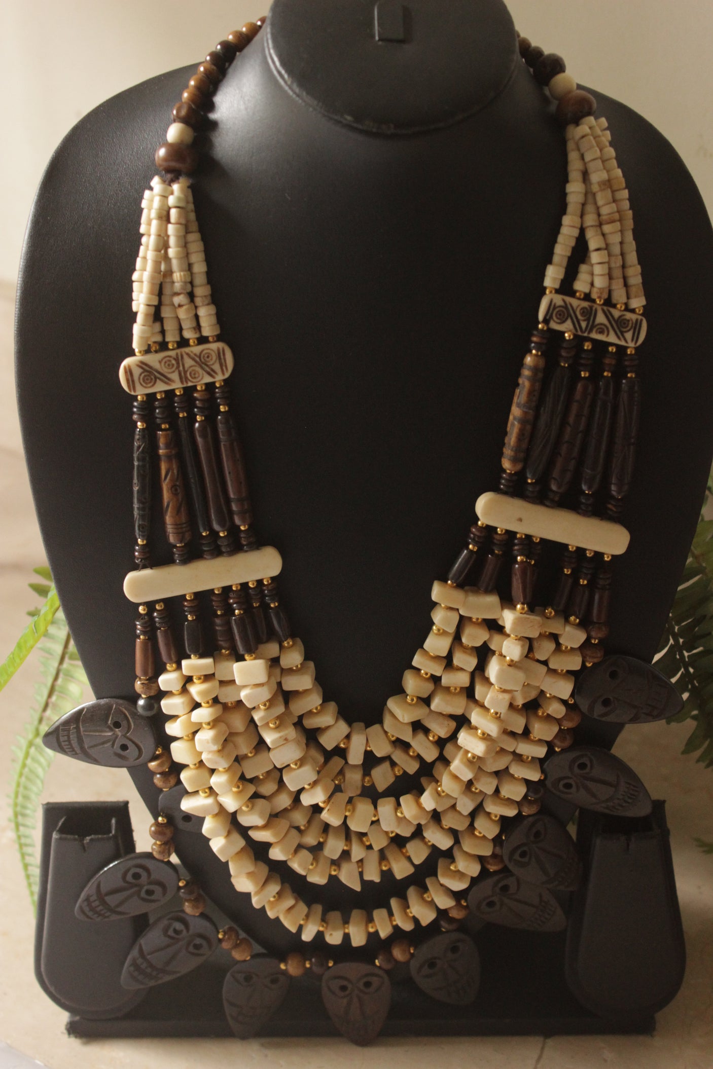 Ivory and Brown Bone Beads Handcrafted Multi-Layer African Tribal Necklace