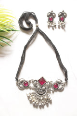 Pink Glass Stones Embedded Oxidised Finish Choker with Adjustable Length