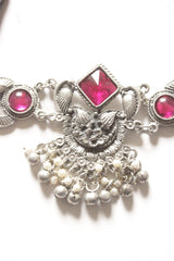 Pink Glass Stones Embedded Oxidised Finish Choker with Adjustable Length