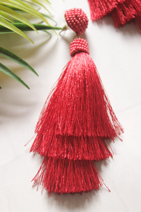 Red Beads and Pom Pom Boho Earrings
