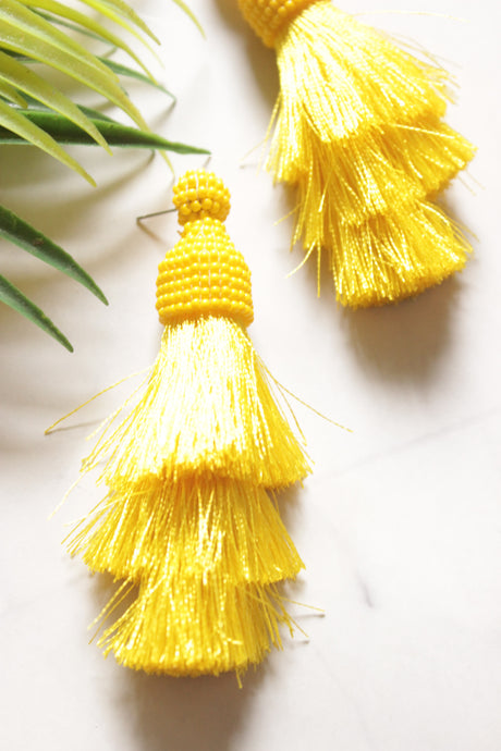 Yellow Beads Pom Pom Boho Earrings