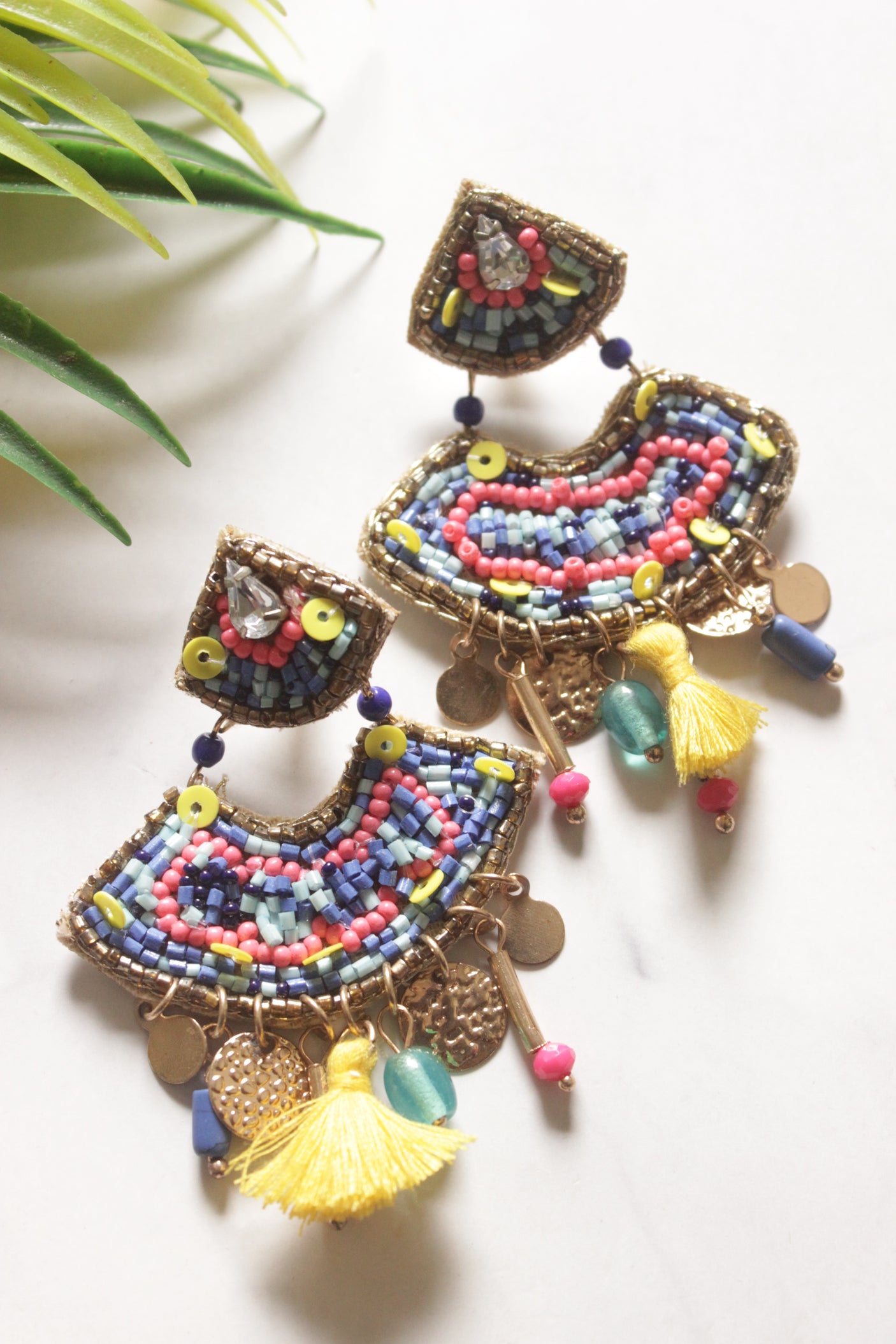 Beads and Metal Charms Gold Tone Earrings