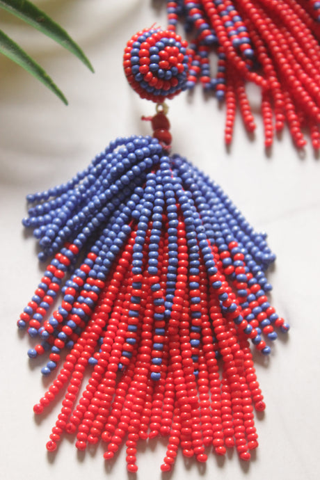 Blue and Red Hand Beaded Dangler Earrings