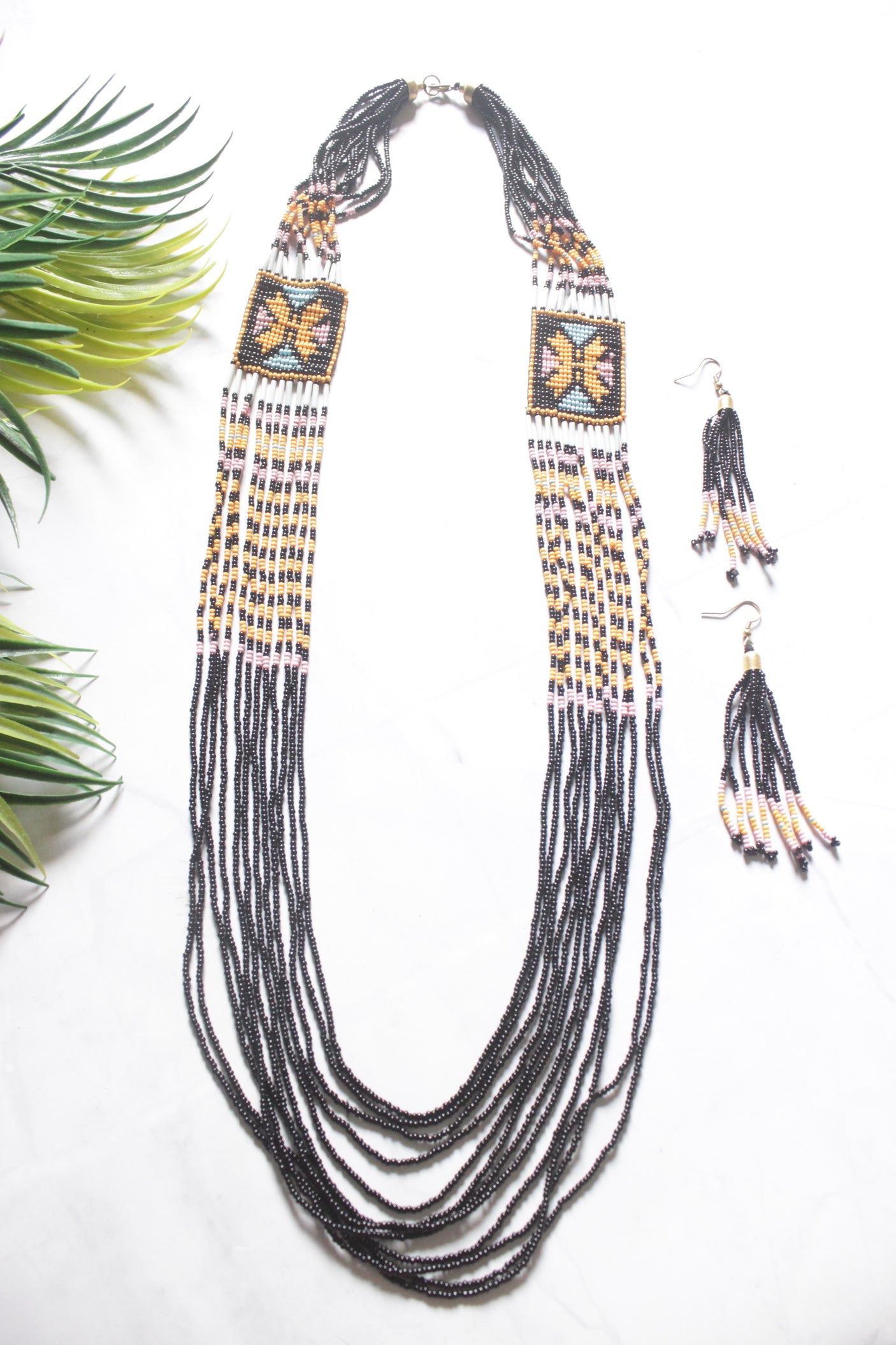 Black and Yellow Hand Beaded Long Necklace Set