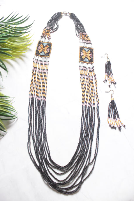 Black and Yellow Hand Beaded Long Necklace Set