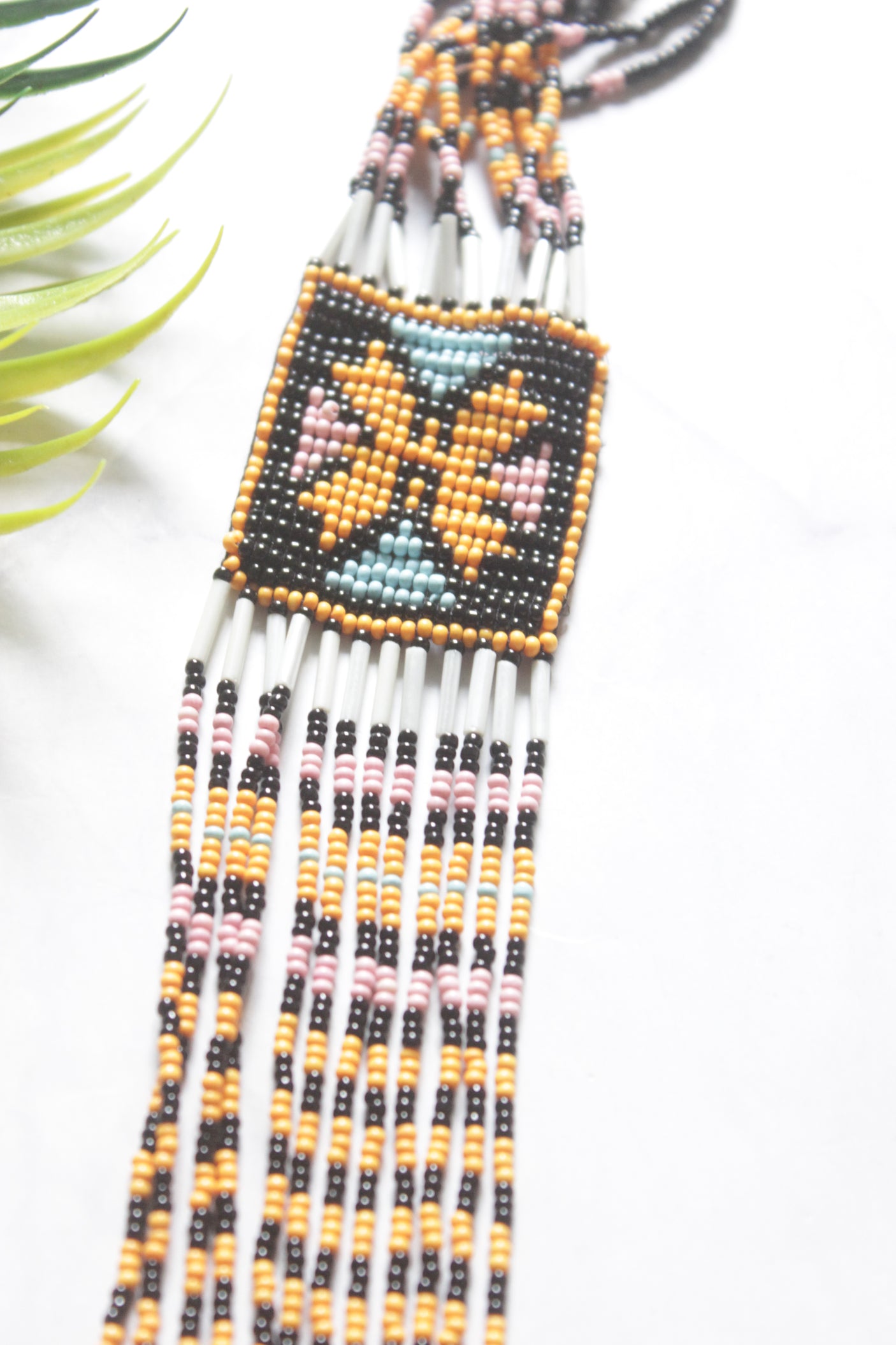 Black and Yellow Hand Beaded Long Necklace Set