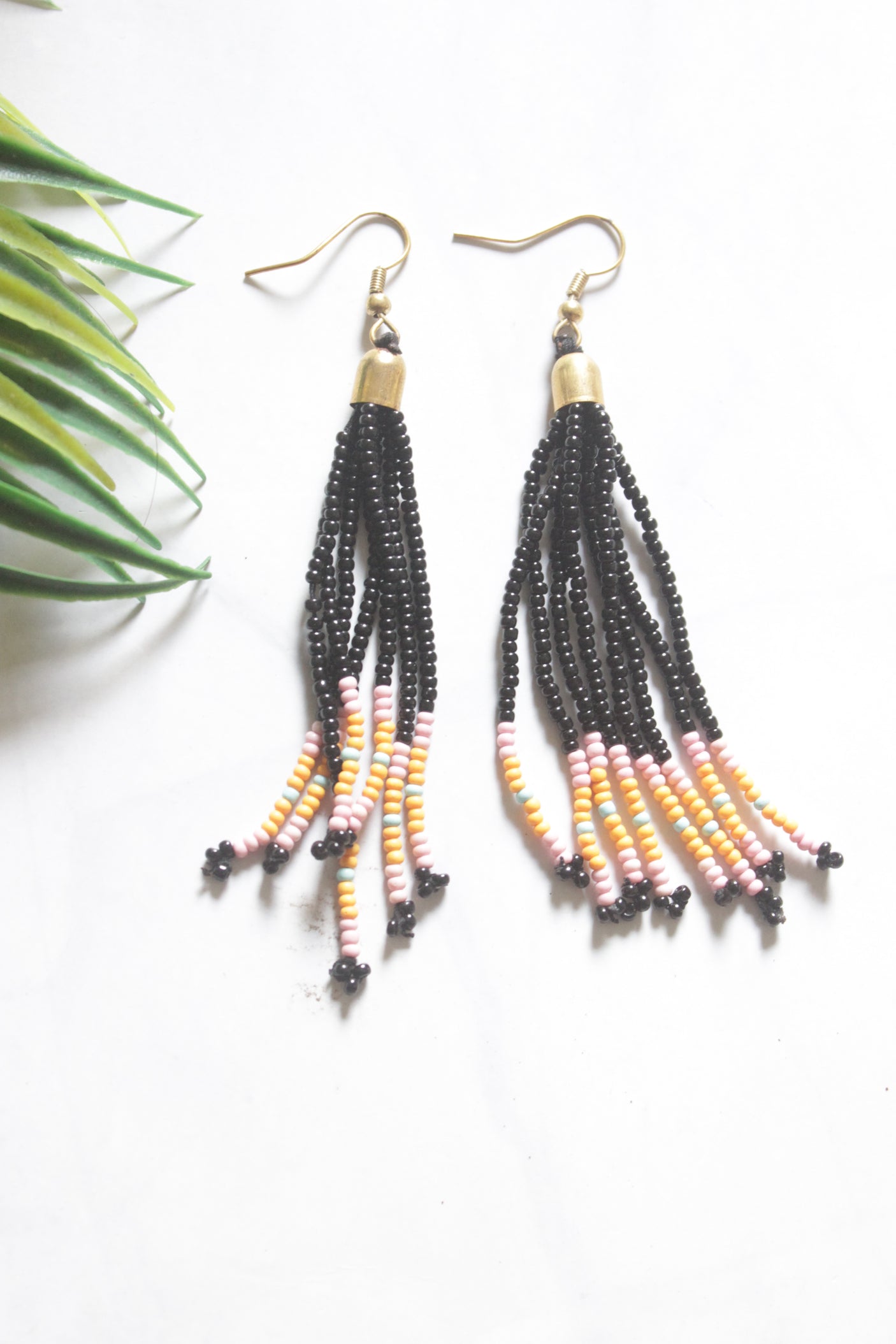 Black and Yellow Hand Beaded Long Necklace Set
