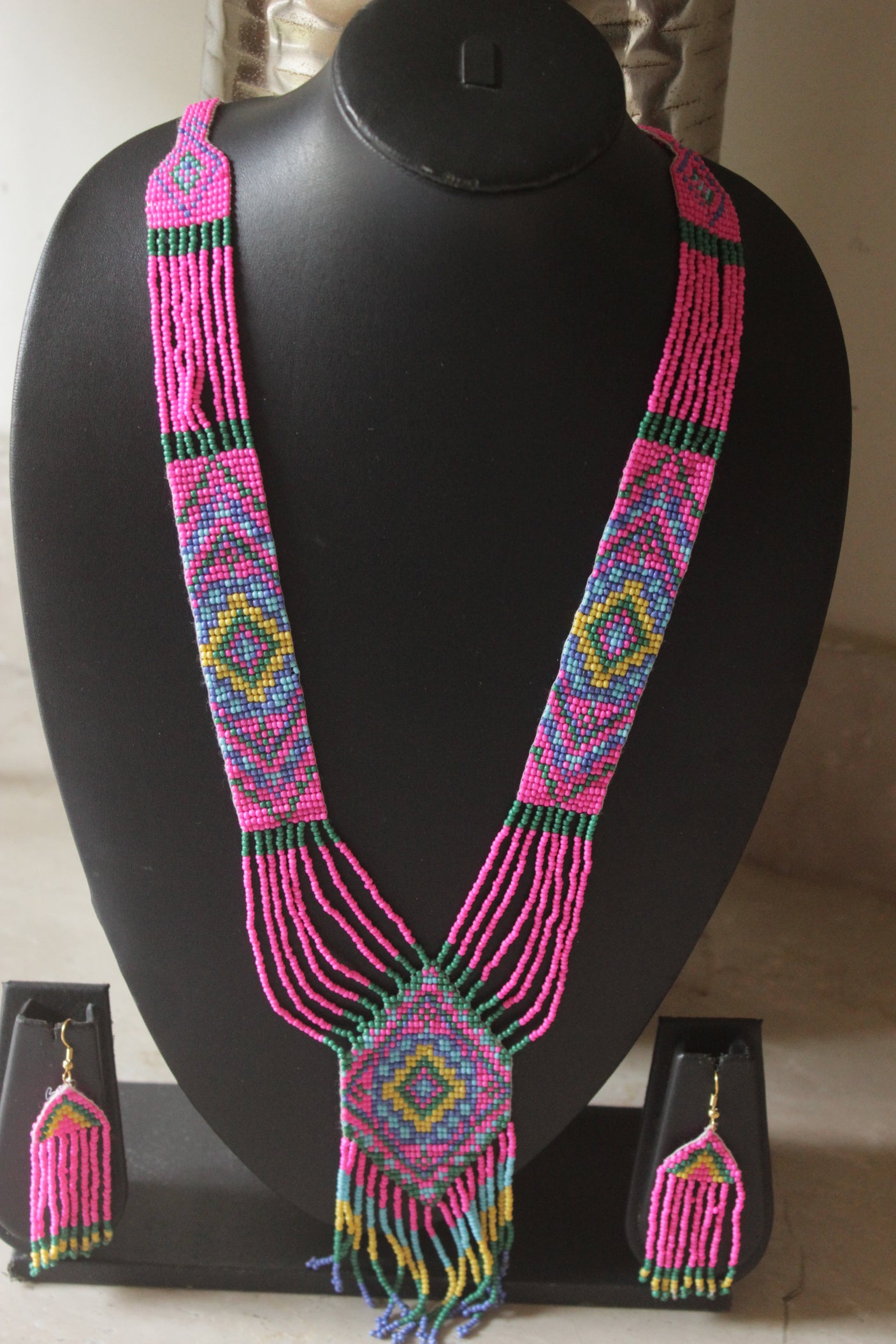 Pink Hand Beaded Long Necklace Set