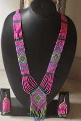 Pink Hand Beaded Long Necklace Set