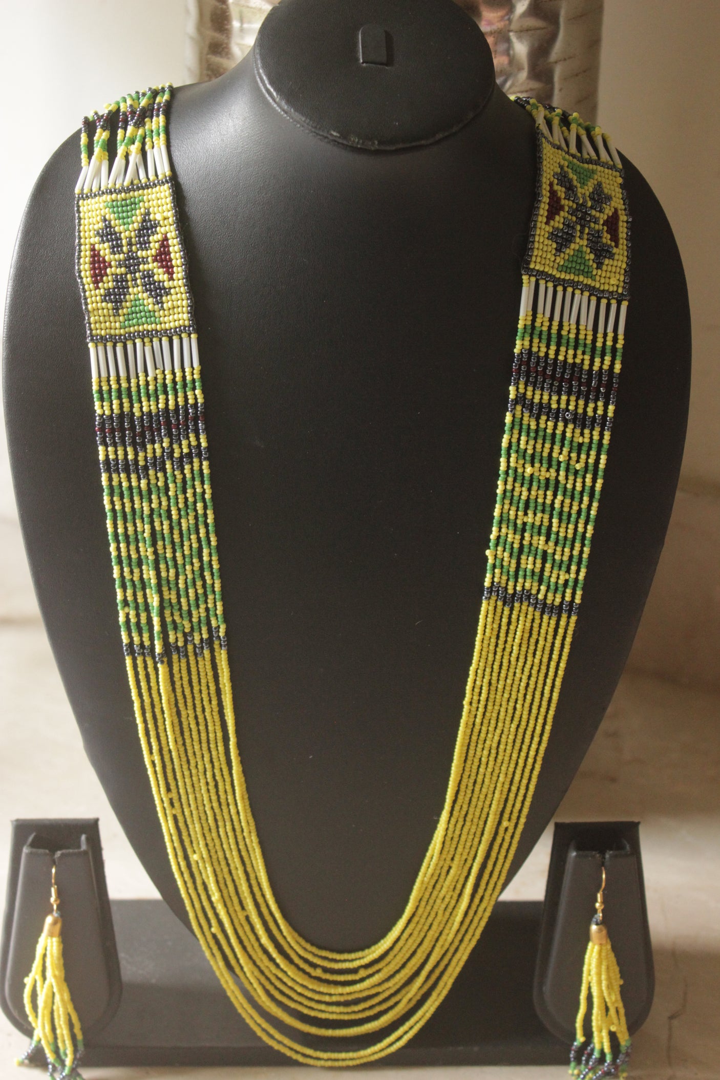 Lemon Yellow Hand Beaded Long Necklace Set