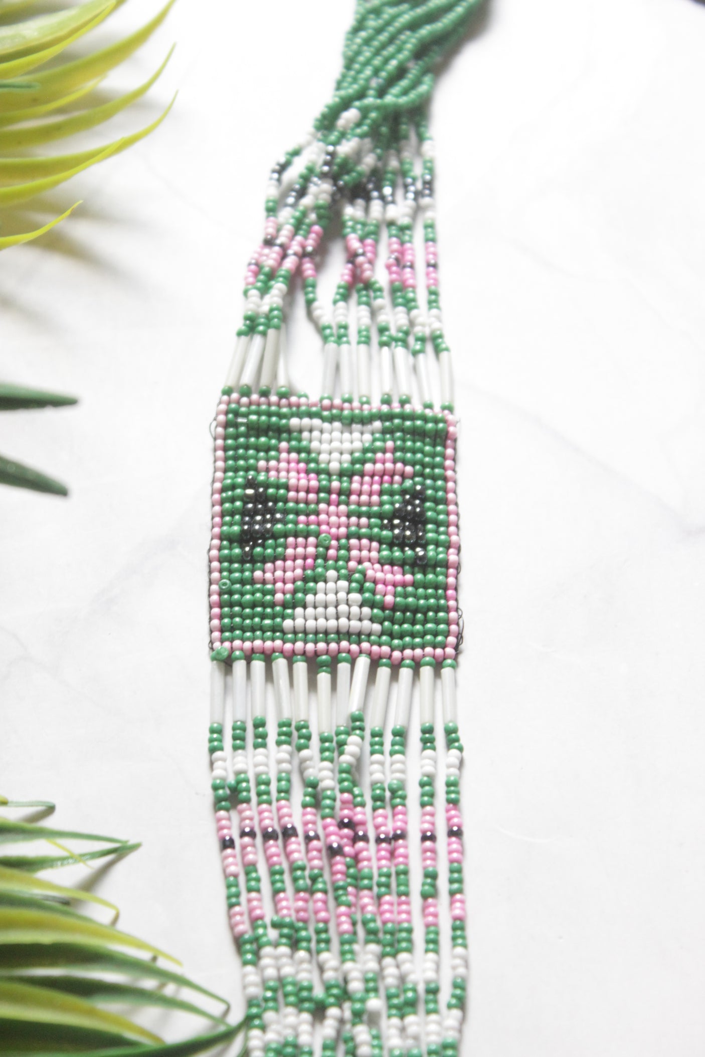 Green Hand Beaded Long Necklace Set