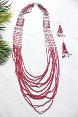 Maroon Hand Beaded Long Necklace Set