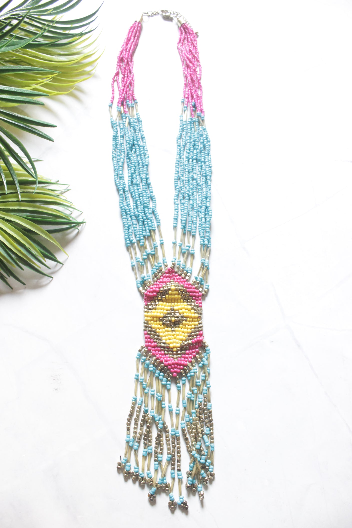 Blue and Pink Hand Beaded Boho Necklace