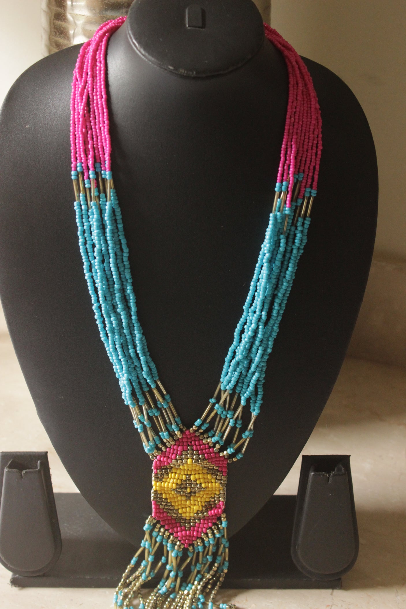 Blue and Pink Hand Beaded Boho Necklace