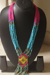 Blue and Pink Hand Beaded Boho Necklace