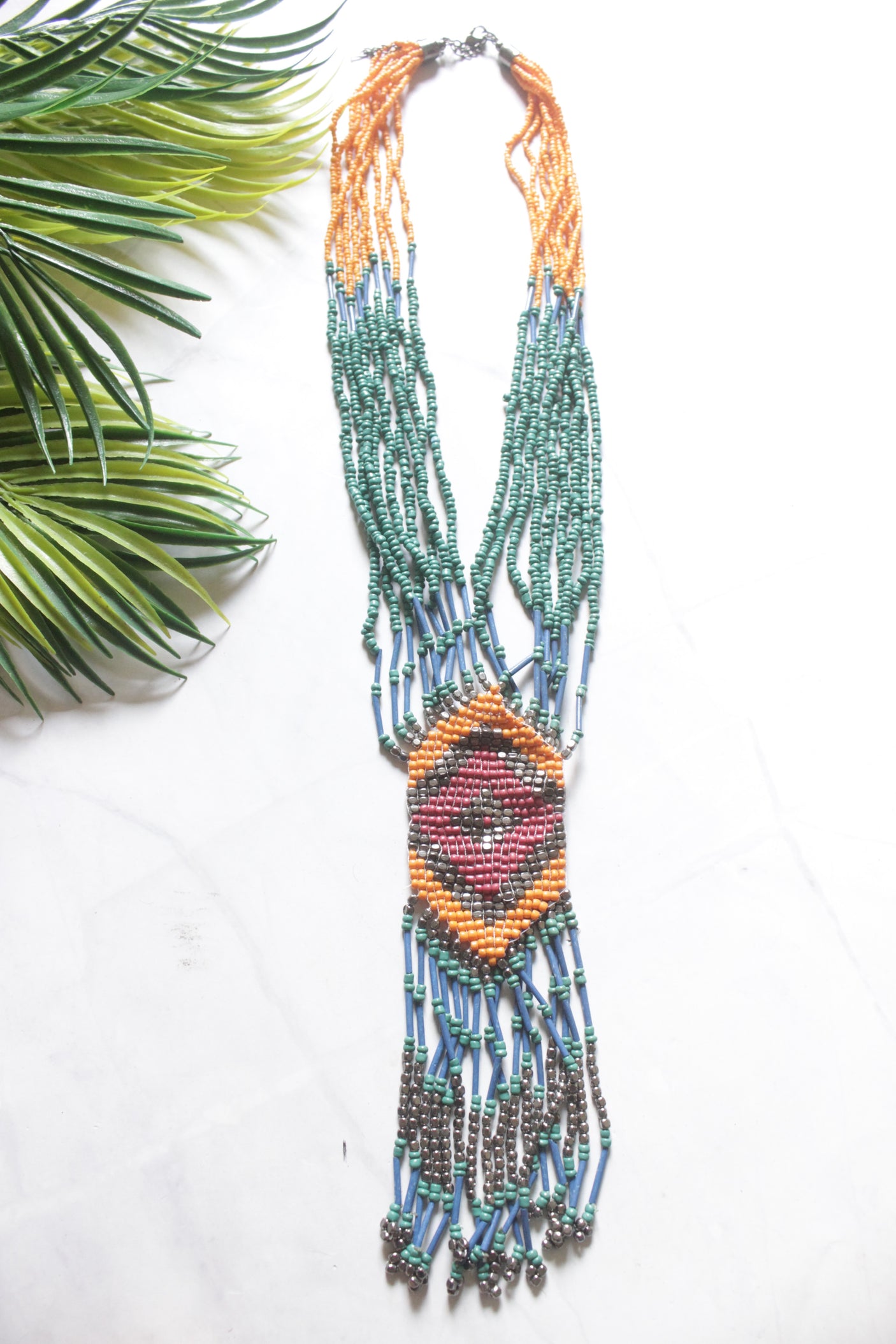 Orange and Turquoise Hand Beaded Boho Necklace