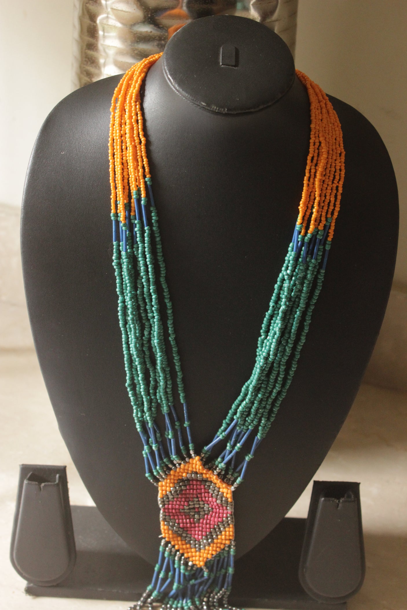 Orange and Turquoise Hand Beaded Boho Necklace