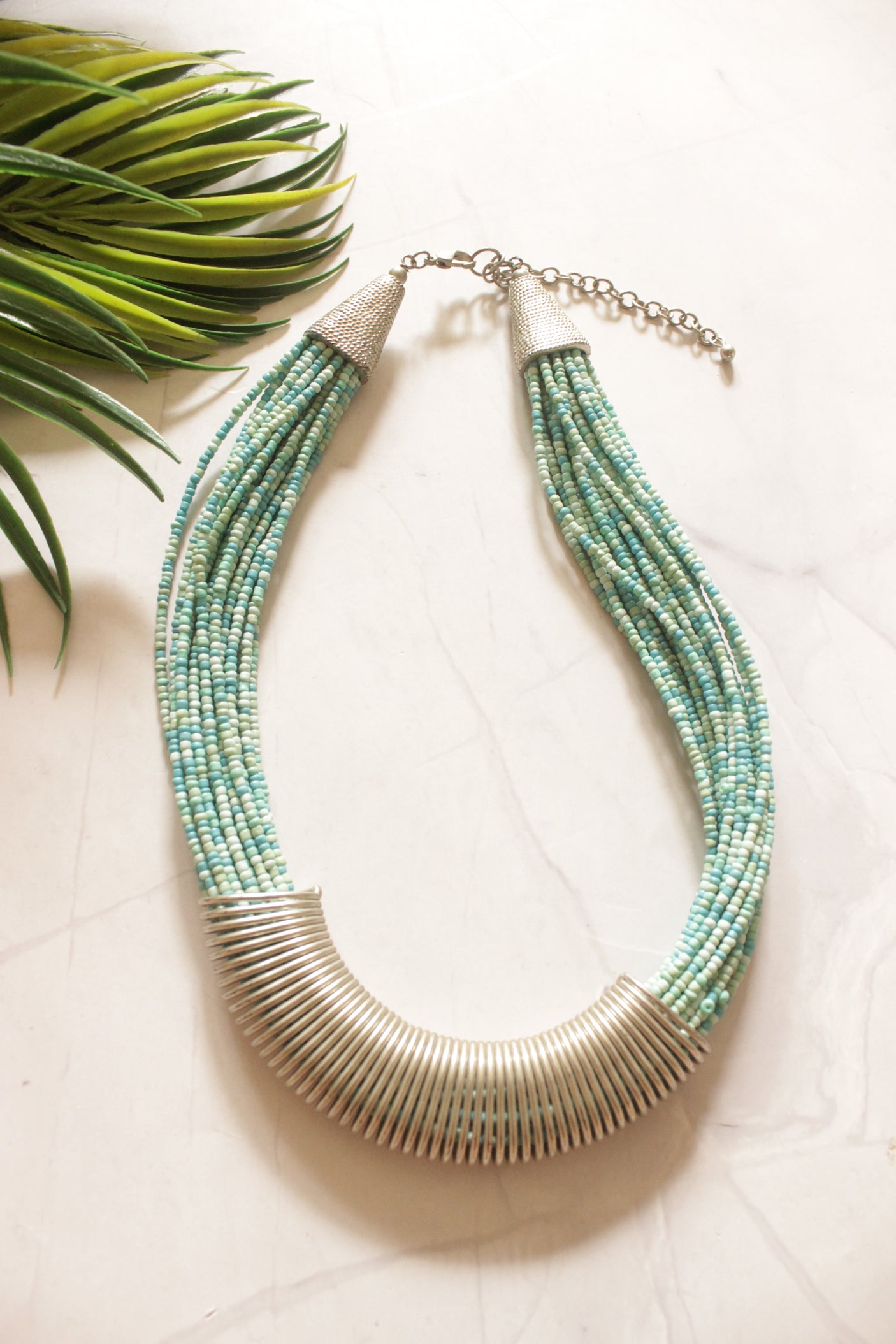Multi-Color Hand Beaded Strings and Metal Spiral Boho Necklace