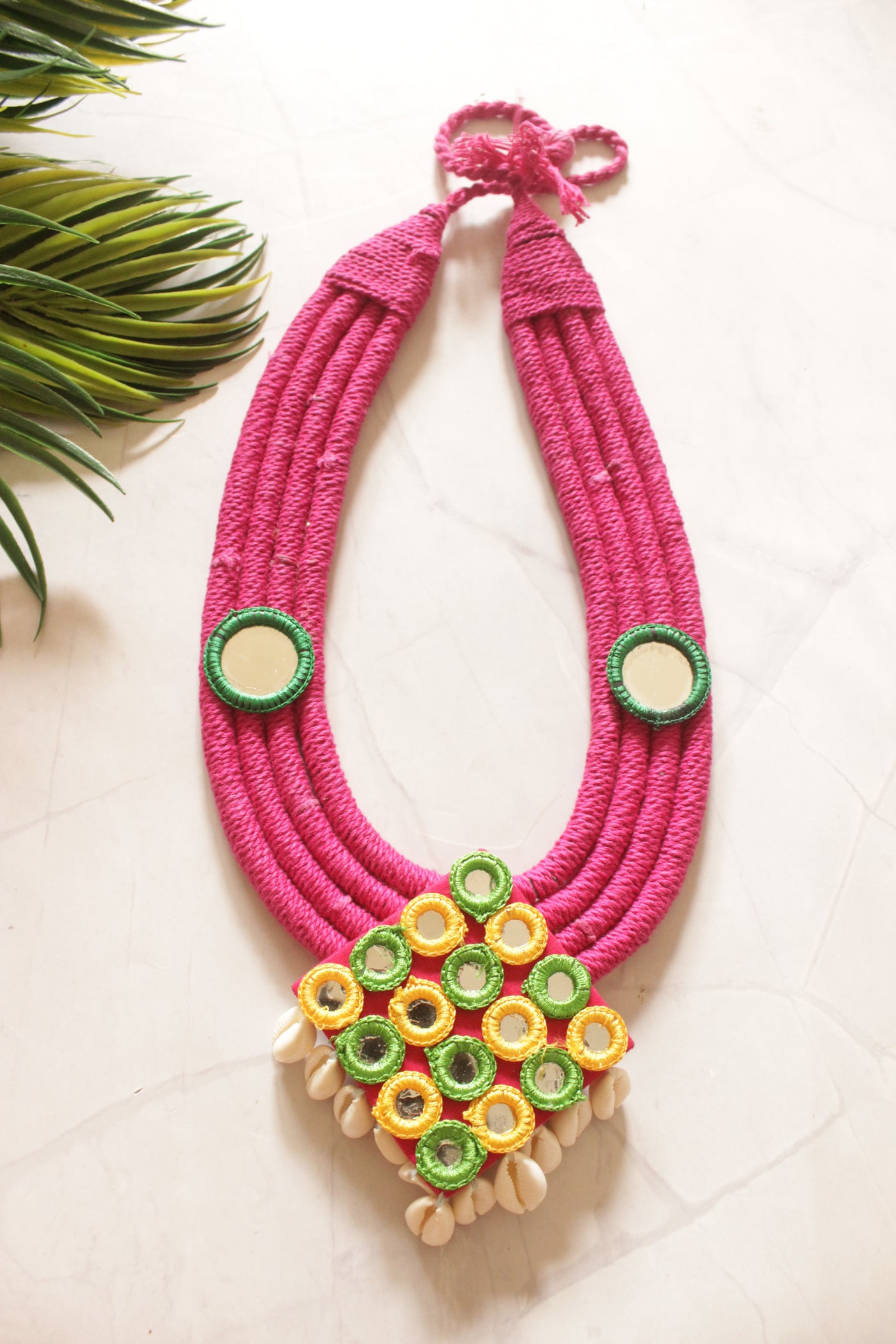 Bohemian Pink Embroidered Necklace with Mirrors and Shells