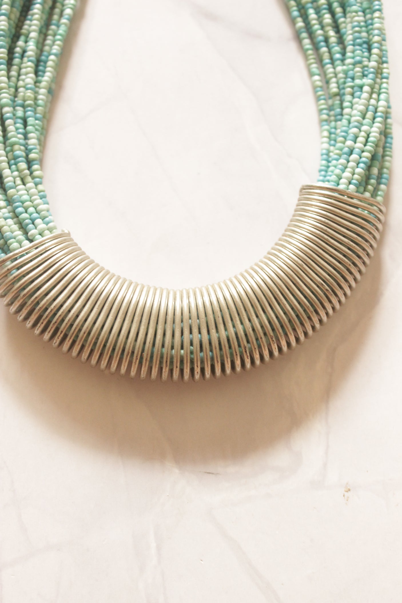 Multi-Color Hand Beaded Strings and Metal Spiral Boho Necklace