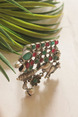 Pink and Green Glass Stones Embedded Oxidized Finish Statement Ring