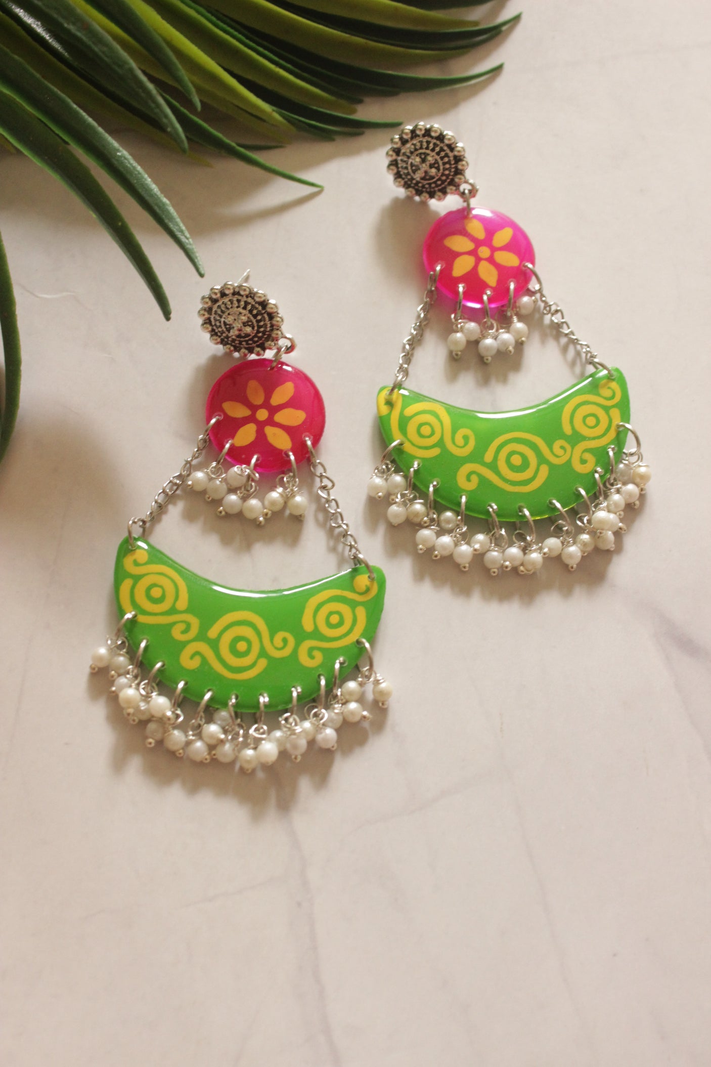 Green and Pink Crescent Moon Handpainted Earrings